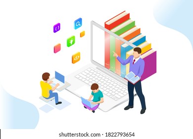 E-learning, Online Education at Home. Isometric concept for Digital Reading, E-classroom Textbook, Modern Education, Online Training and Course, Audio Tutorial, Distance Education, Ebook and Students