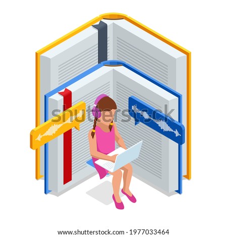 E-learning, Online Education at Home. Isometric concept for Digital Reading, E-classroom Textbook, Modern Education, Online Training and Course, Audio Tutorial, Distance Education, Ebook and Students