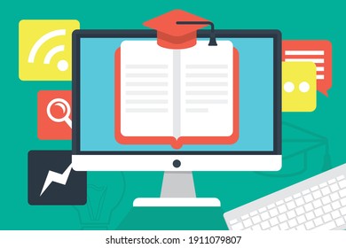 E-learning, online education at home. Modern vector illustration concepts for website and mobile website development