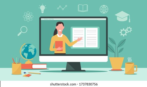 E-learning Or Online Education, Home School, Woman Teacher Teaching On Laptop Computer Screen, Distance Learning, Online Course Concept, Flat Vector Illustration