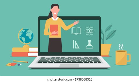 E-learning or online education, home school, woman teacher teaching on computer laptop screen, distance learning, online course concept, flat vector illustration