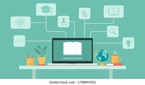 e-learning or online education, home school on computer laptop screen, distance learning, online course concept, flat vector illustration