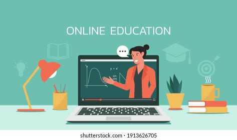 E-learning Or Online Education, Home School, Woman Teacher Teaching Via Computer Laptop Screen, Distance Learning, Online Course Concept, Flat Vector Illustration
