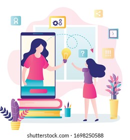 E-learning, online education or home schooling. Girl student gets new knowledge and ideas. Mobile phone with courses or tutorials. Education concept. Education application.  Flat Vector illustration