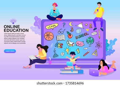 E-learning, online education or home schooling. Mobile phone and computer with courses or tutorials. Flat Vector illustration.