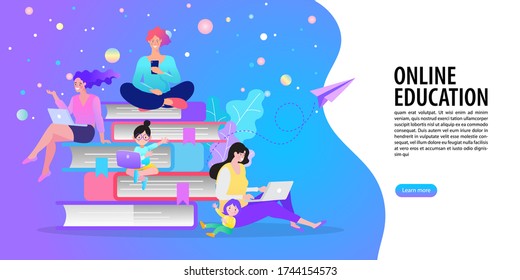 E-learning, online education or home schooling. Mobile phone and computer with courses or tutorials. Flat Vector illustration.