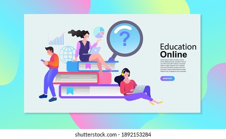 E-learning, online education or home schooling concept. People using mobile phone and computer for courses or tutorials. Flat Vector illustration.