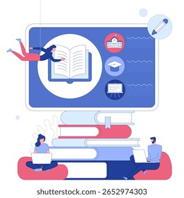 E-learning, educação on-line, ensino em casa, treinamento de Webinar, podcast tutorial e treinamento de negócios. Ilustração vetorial moderna com caracteres e ícones para desenvolvimento de sites e dispositivos móveis.
