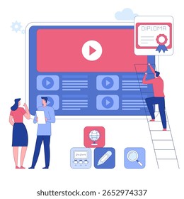 E-learning, educação on-line, ensino em casa, treinamento de Webinar, podcast tutorial e treinamento de negócios. Ilustração vetorial moderna com caracteres e ícones para desenvolvimento de sites e dispositivos móveis.
