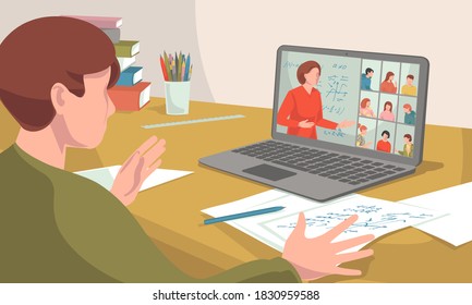 E-learning, online education at home vector illustration concept.teacher on laptop screen online video conference.Teen student boy sitting with laptop. School during coronavirus new normal