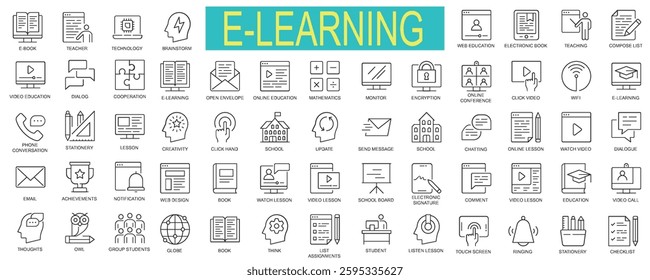 E-Learning and Online Education Icon Set – Digital Learning, Teaching, and School Symbols