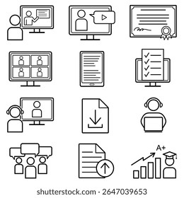 Icono de aprendizaje electrónico y Educación en línea en estilo plano moderno. Esta colección incluye 12 símbolos de Vector. Perfecto para Sitios web, App móviles y diseño de presentaciones.