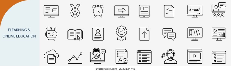 Conjunto de ícones de elearning e educação on-line, vetor de arte de linha, preto e branco