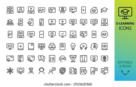 E-learning And Online Education Icons Set. Set Of Webinar, Video Lesson, Distance Lecture, Online Course, Diploma, Certificate, Podcast, Graduation Cap, Desk Globe, Student, Knowledge Base Vector Icon