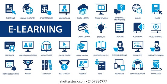 E-learning, iconos de educación en línea. 60 Iconos de aprendizaje electrónico. Colección de iconos planos de colección de aprendizaje a distancia.