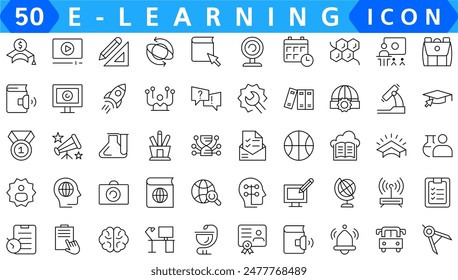 E-learning, online education icons set. 60 Electronic learning icons. Distance learning collection outline icons collection.