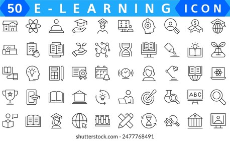 E-learning, online education icons set. 60 Electronic learning icons. Distance learning collection outline icons collection.