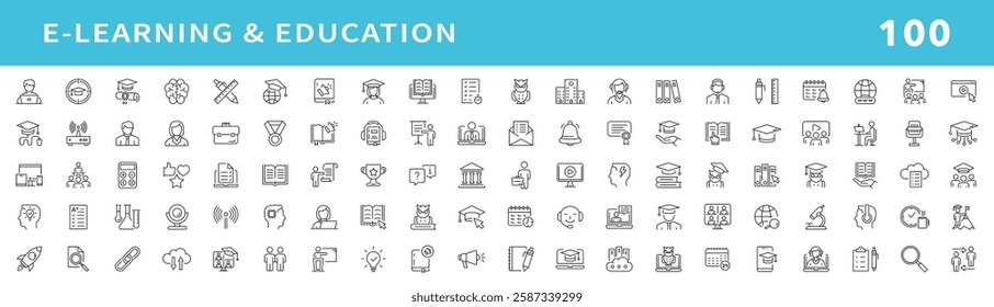 E-learning, online education icons set. Distance learning icons collection. Contains such icons as e-learning, video lesson, e-book, training and webinar for web and mobile app. Editable stroke.