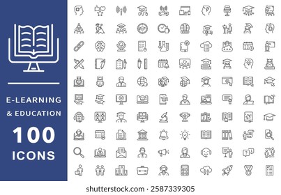 E-learning, online education icons set. Distance learning icons collection. Contains such icons as e-learning, video lesson, e-book, training and webinar for web and mobile app. Editable stroke.