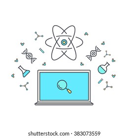 E-learning and online education. Internet as knowledge base. Flat vector illustration with chemical and physical elements of energy, dna, microscope, atoms, molecules. 