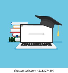 E-learning And Online Education. Laptop With Graduate Hat And Book Heap. Language Courses Concept. Vector Illustration.