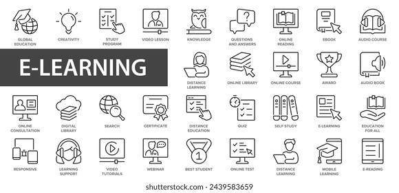 E-learning, online education line icons set. 60 Electronic learning icons. Distance learning collection thin line icons collection.