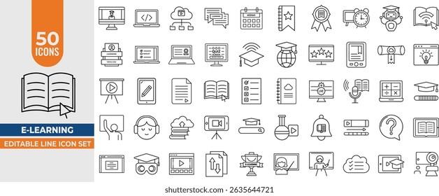 E-Learning and Online Education Line Icons – Course, Tutorial, Study, Editable Vector Set