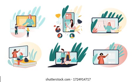 E-learning, online education and remote study concept flat illustration. Hand drawn flat character. Teacher explains lesson for children. Landing page design element. 