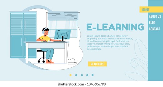 E-learning, online education, remote study for children landing page. Boy studying watching video lesson at home during quarantine isolation. Learning process, homeschooling. Daily pupil schedule