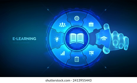 E-learning. Online education technology concept. Webinar, teaching, online training courses. Skill development. Hand places an element into a composition visualizing Learning. Vector illustration.