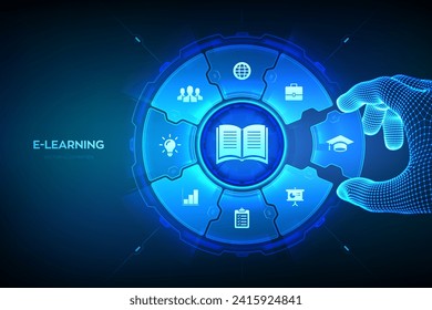 E-learning. Online education technology concept. Webinar, teaching, online training courses. Skill development. Hand places an element into a composition visualizing Learning. Vector illustration.