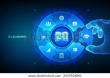 E-learning. Online education technology concept. Webinar, teaching, online training courses. Skill development. Hand places an element into a composition visualizing Learning. Vector illustration.