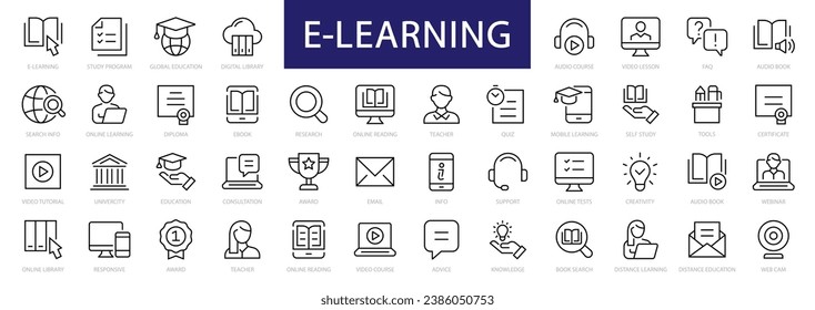 E-learning and Online Education thin line icons set. E-Learning symbols collection. Distance Education icon. Vector illustration