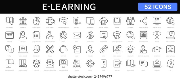 E-learning and online education thin line icons set. E-Learning symbols collection. Distance Education symbol. Vector illustration