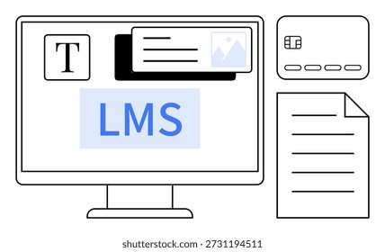 E-learning, educação online, plataformas de formação, ferramentas LMS, interfaces de pagamento, organização digital. Monitore com texto LMS, arquivos e ícones de cartão. Conceito de e-learning e educação online