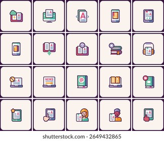 E-Learning and online education trendy icons set, digital books illustration