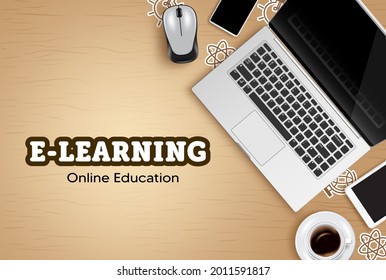 E-learning online education vector design. Online education text with laptop, phone and tablet device elements for educational elearning study. Vector illustration
