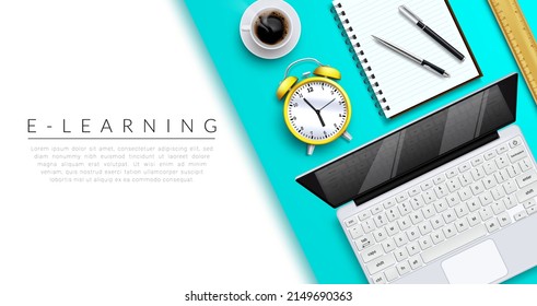 Elearning online education vector design. E-learning text with online school elements of laptop, alarm clock and notebook for distance educational learning. Vector illustration.  
