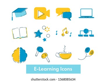 E-learning, online education vector icons for webinar, training, mobile application, virtual class landing, website, e-book, laptop, internet school web page- brain, video, headphones, book, laptop