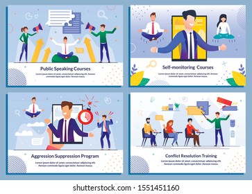 E-Learning, Online Education, Video Tutorials, Internet Coaching. Banner Set. Self-Monitoring, Aggression Suppression, Conflict Resolution, Public Speaking Program. Vector Businesspeople Illustration