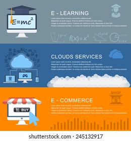 e-learning, online educations, clouds services, e-commerce. Flat design style modern vector illustration concept for web and infographic. Banners for websites.