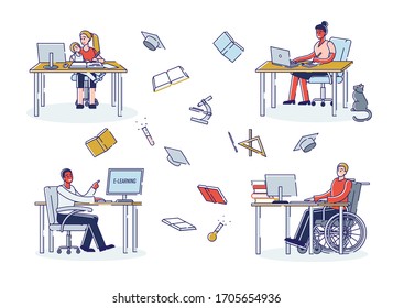 Elearning, Online Exam, Online Testing Form Concept. Group Of People Have Remote Online Courses. Characters Study Different Professions Online. Cartoon Linear Outline Flat Style. Vector Illustration