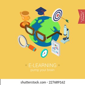 E-learning online global education flat 3d isometric modern design concept vector icon collage. Globe wearing glasses and graduate cap, microscope. Web illustration and website infographic elements.