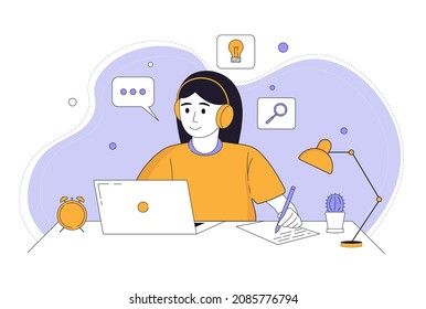  E-learning online at home. Character sitting, looking at laptop. Online education at home concept. Flat vector Illustration.