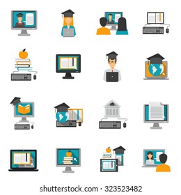 E-learning and online knowledge icons flat set isolated vector illustration