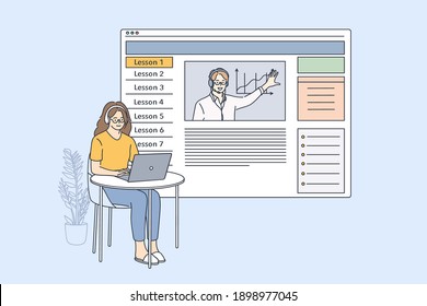 Elearning and online lesson concept. Young woman cartoon character in headphones sitting with laptop and listening to lesson course on marketing online vector illustration