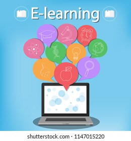 E-learning online on notebook.education icons.Can used for infographic,web advertising.Vector illustration.