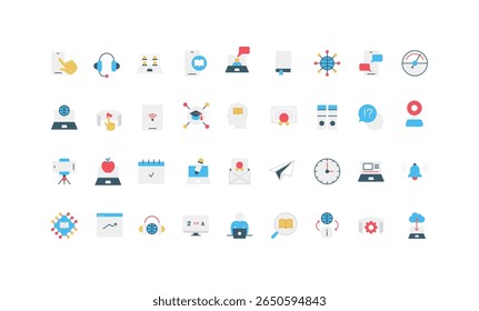 Elearning, online school and course, digital education platform, knowledge color icon set. Online class of academy, university lessons and certificate, learning process flat vector illustration