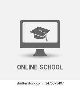 E-learning online school symbol, laptop monitor with graduation cap