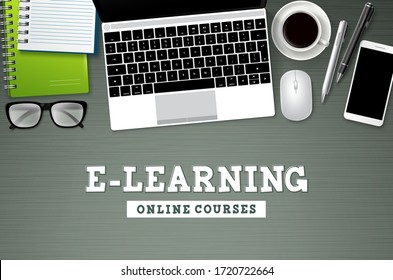 E-learning online school vector background. Elearning online courses text with school elements and computer devices for webinars, tutorial and home school. Vector illustration.
